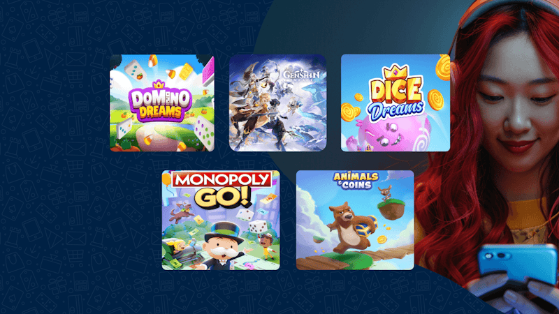 5 mobiele games van Supercell op vijf displaytegels. De bovenste twee zijn Clash of Clans en Hay Day. De onderste drie, van links naar rechts, zijn Genshin Impact, Clash Royale en Brawl Stars.