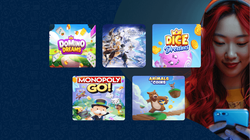 5 mobiele games van Supercell op vijf displaytegels. De bovenste twee zijn Clash of Clans en Hay Day. De onderste drie, van links naar rechts, zijn Genshin Impact, Clash Royale en Brawl Stars.
