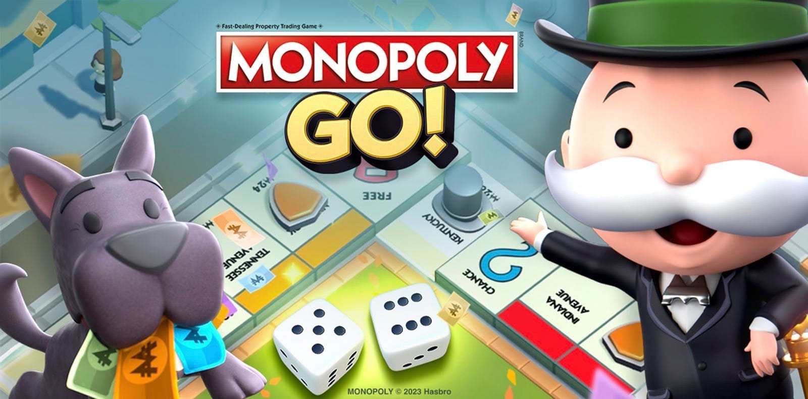 Postacie z Monopoly Go na tle planszy z Monopoly