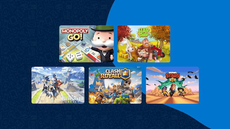 5 Handyspiele werden in fünf Display-Kacheln ausgestellt. Die oberen beiden sind Monopoly Go! und Hay Day, die unteren drei, von links nach rechts, sind Genshin Impact, Clash Royale und Brawl Stars.