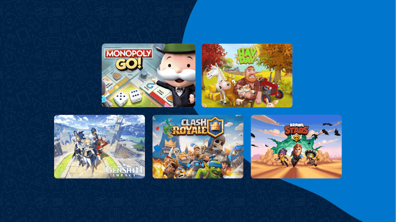 5 Handyspiele werden in fünf Display-Kacheln ausgestellt. Die oberen beiden sind Monopoly Go! und Hay Day, die unteren drei, von links nach rechts, sind Genshin Impact, Clash Royale und Brawl Stars.