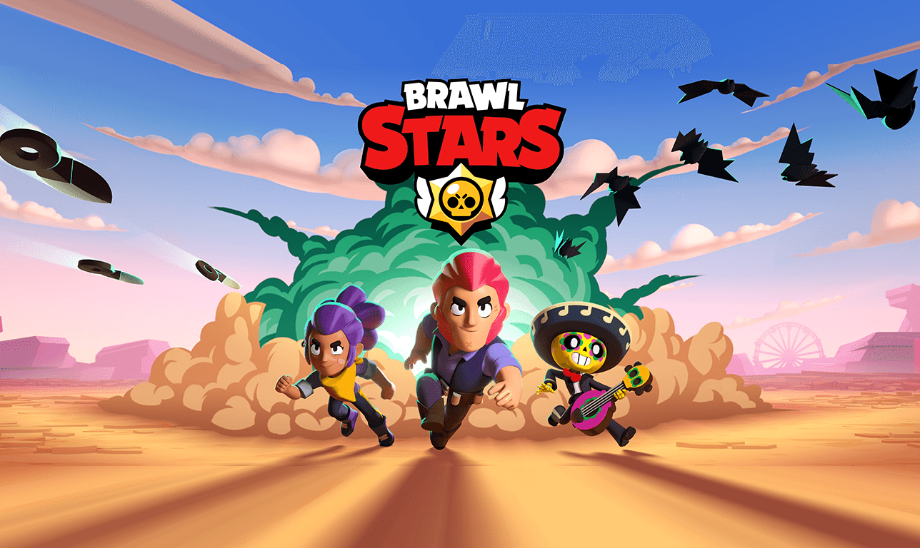 Trzy postacie z gry mobilnej Brawl Stars na tle zielonego wybuchu. Ponad nimi widnieje logo Brawl Stars
