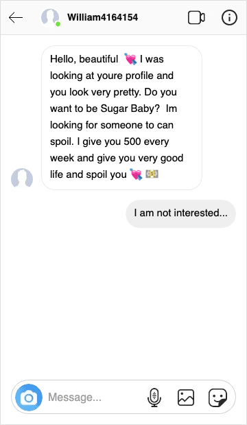 An Instagram message that is asking someone to be a sugar baby. The replier answers they are not interested.