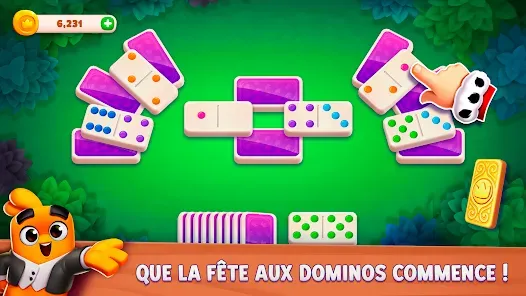 Une scène du jeu mobile Domino Dreams avec des dominos sur le plateau de couleur verte