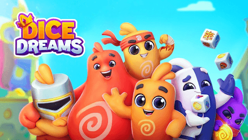 Les personnages du jeu mobile gratuit Dice Dream en gros plan, un des personnage jongle avec des dés