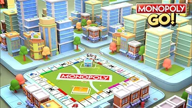 Image du jeu mobile gratuit Monopoly Go avec vue sur le plateau et des imeubles autour