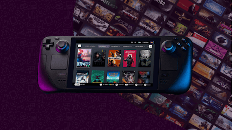 Un Steam Deck, le PC portable de Valve, est visible au premier plan. D'innombrables jeux PC sont exposés sur un fond violet.