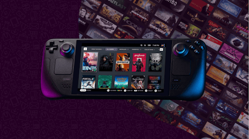 Un Steam Deck, le PC portable de Valve, est visible au premier plan. D'innombrables jeux PC sont exposés sur un fond violet.