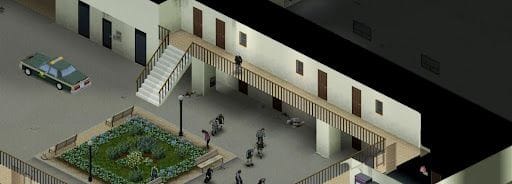 Capture d'écran du jeu Project Zomboid. Une personne se tient sur une colline et regarde la foule de zombies dans la rue.