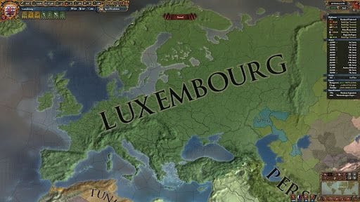 Capture d'écran du jeu Europa Universalis IV. Elle montre une carte de l'Europe, mais avec l'inscription "Luxembourg" au-dessus.