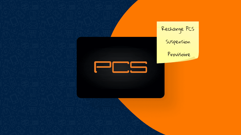 Le logo PCS avec un post-it sur lequel est noté “ Recharge PCS Suspension provisoire “ sur fond orange et bleu.