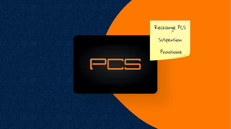 Le logo PCS avec un post-it sur lequel est noté “ Recharge PCS Suspension provisoire “ sur fond orange et bleu.