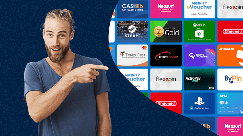 man voor een donkerblauwe achtergrond die wijst naar verschillende prepaid gift cards