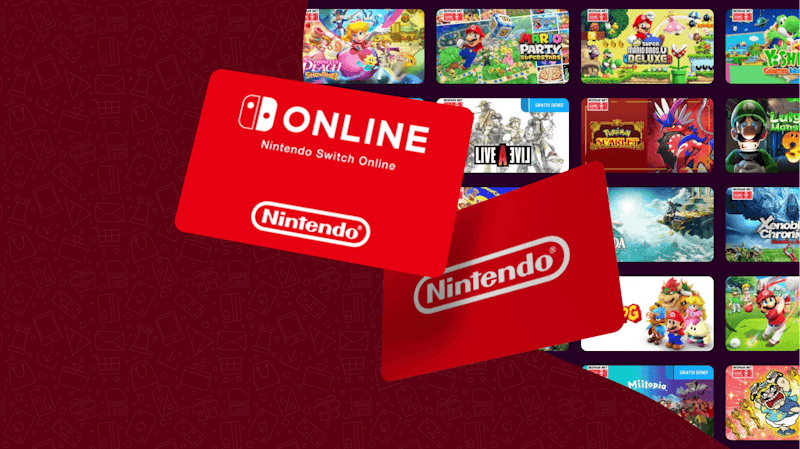A red Nintendo Switch card and a Nintendo Switch online card in front of a split background. The left half is burgundy coloured and the right side displays different Nintendo Switch games.