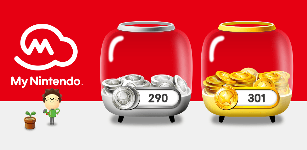 A Mii standing next to two containers side-by-side; one with platinum points and another with gold points. The latter can be used in the eShop for purchases.