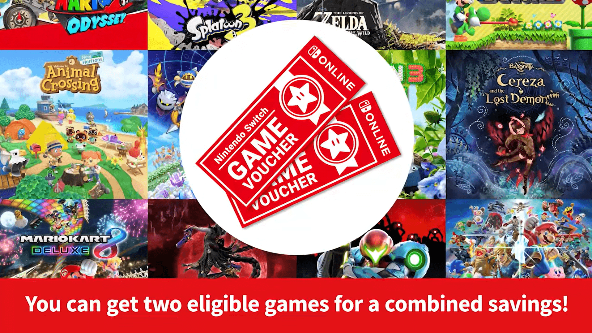 Two Nintendo Switch game vouchers in the foreground, with many first-party Nintendo Switch games in the background. The caption reads: “You can get two eligible games for a combined savings!”