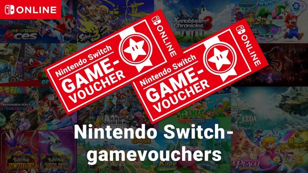 Twee Nintendo Switch-spelbonnen op de voorgrond, met veel first-party Nintendo Switch-spellen op de achtergrond. Het onderschrift luidt: "Je kunt twee in aanmerking komende games krijgen voor een gecombineerde besparing!"