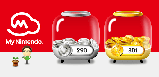 Un Mii à côté de deux conteneurs côte à côte, l'un avec des points de platine et l'autre avec des points d'or. Ces derniers peuvent être utilisés dans l'eShop pour effectuer des achats.