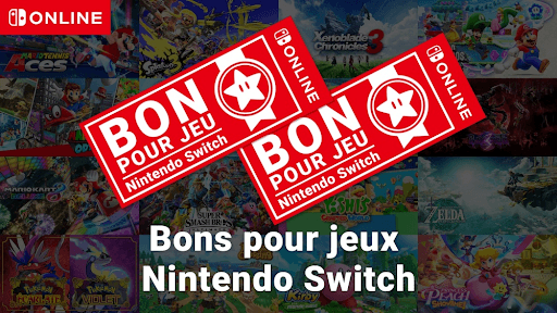 Deux bons pour jeux Nintendo Switch au premier plan, avec de nombreux jeux Nintendo Switch en arrière-plan. La légende se lit comme suit : "Bons pour jeux Nintendo Switch".