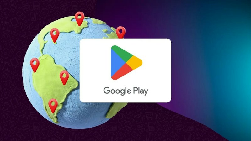 Google Play cadeaukaart over een afbeelding van een wereldbol die het wereldwijde gebruik illustreert.