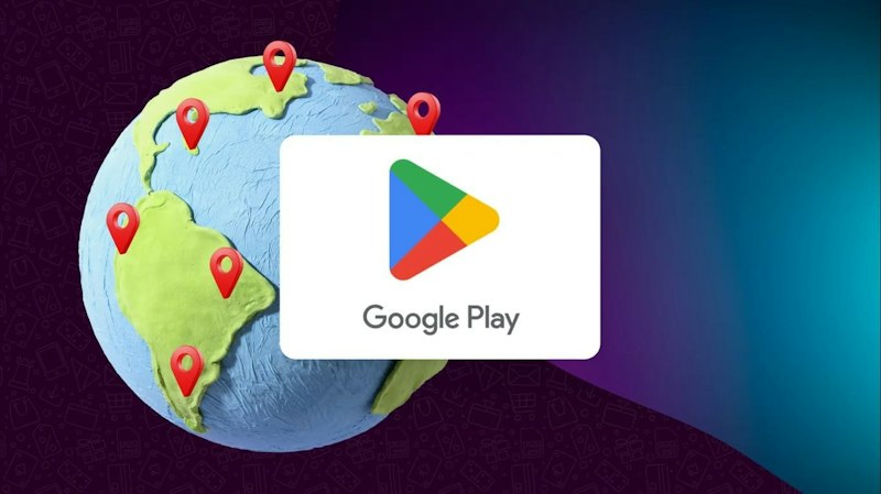 Google Play cadeaukaart over een afbeelding van een wereldbol die het wereldwijde gebruik illustreert.