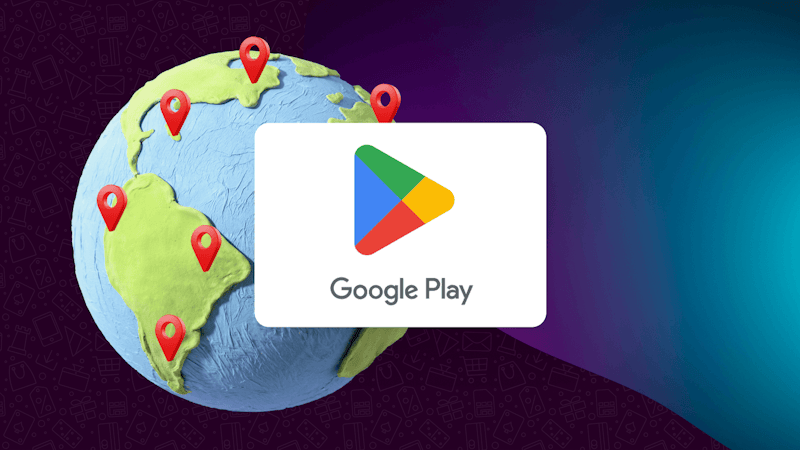 Google Play-Geschenkkarte auf dem Hintergrund eines Globus, der ihre globale Nutzung verdeutlicht.