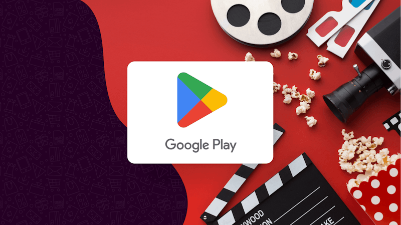 Google play gift card over image of movie themed items, including popcorn and film camera.