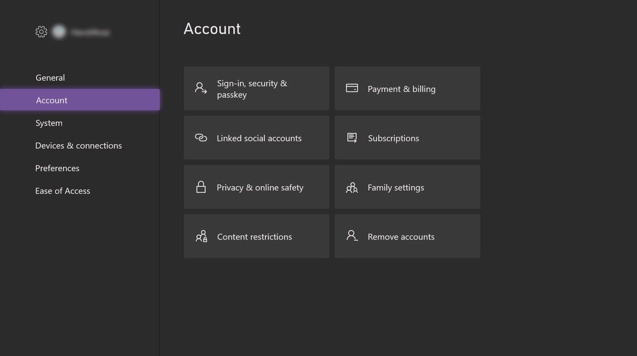 Screenshot of the account overview screen on an Xbox Series X.