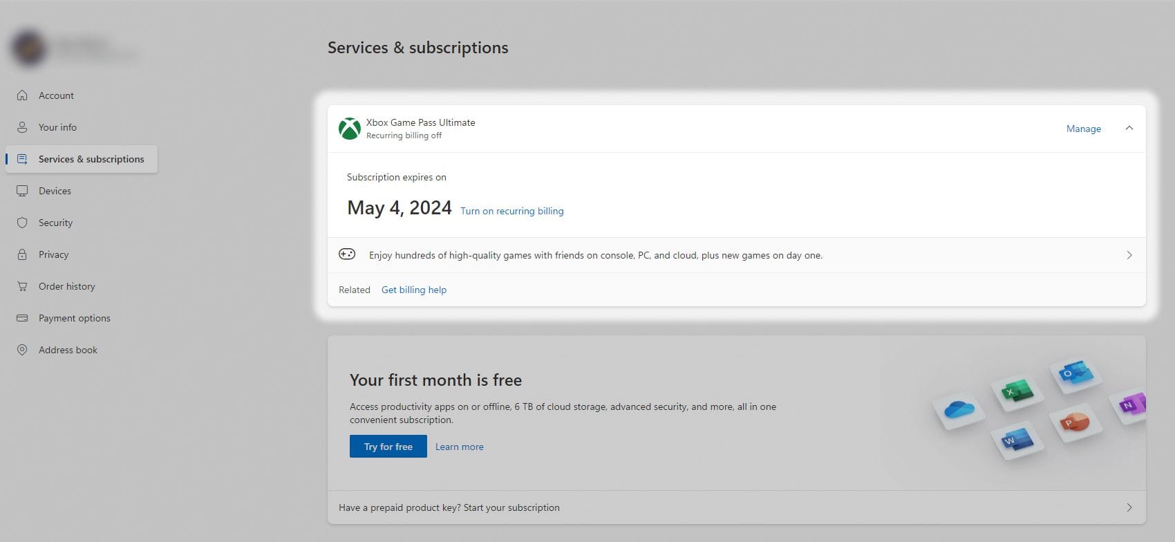 Screenshot on PC of the services & subscriptions screen on the Microsoft website.