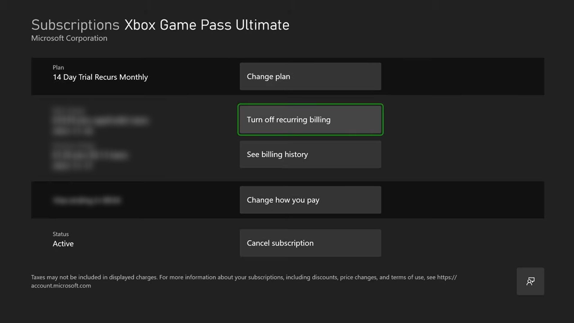 Screenshot on an Xbox Series X of the subscriptions screen – The user is hovering over the button “Turn off recurring billing”.
