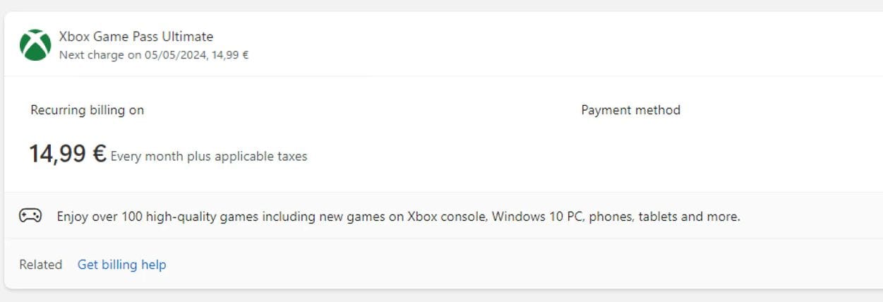 Screenshot showing recurring billing of Xbox Game Pass Ultimate on the Microsoft website.