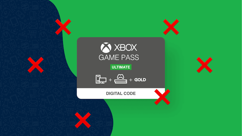 Xbox Game Pass Ultimate kaart in het midden met meerdere rode kruizen eromheen.