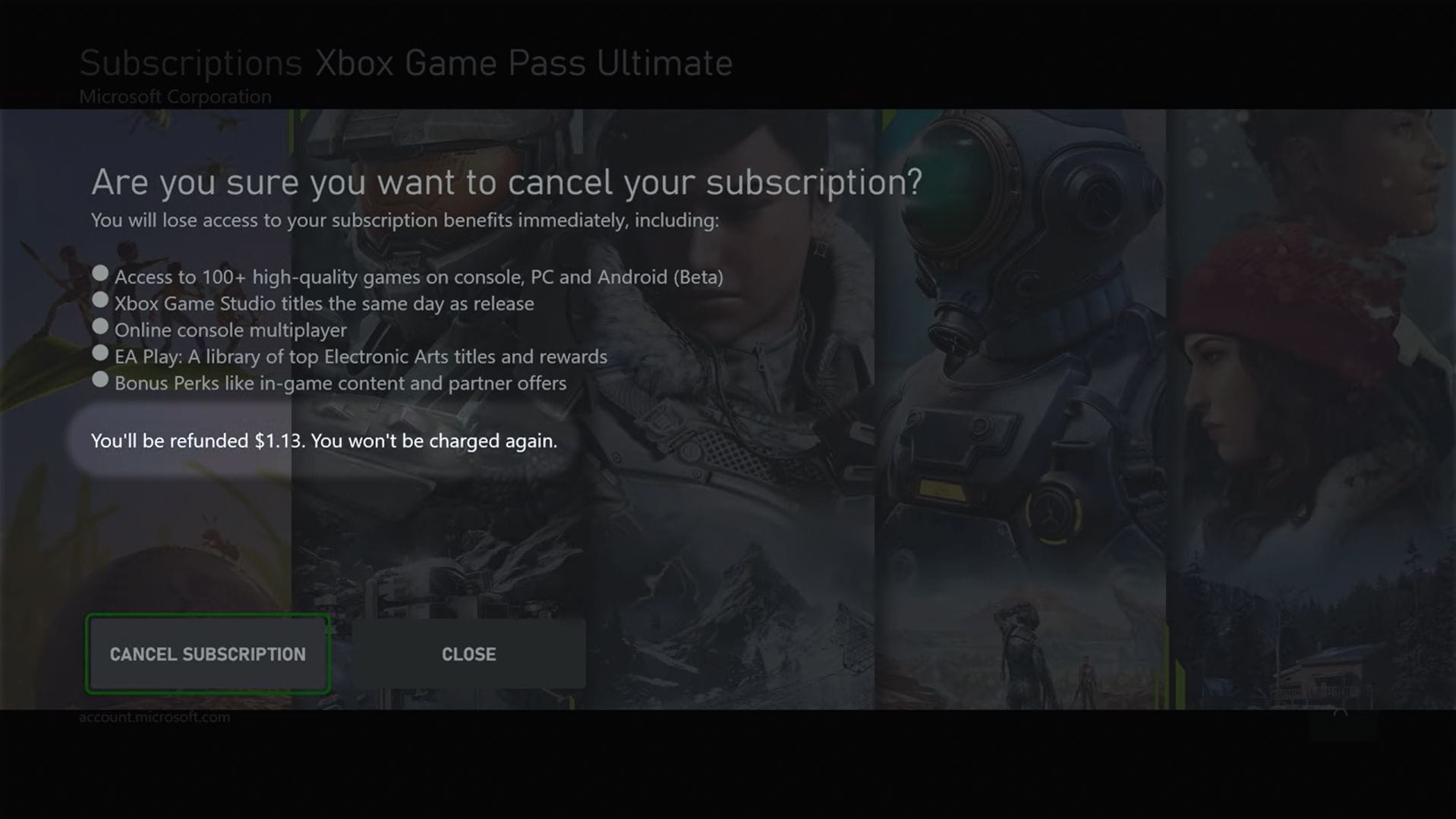 Screenshot on an Xbox Series X of the cancellation screen with an amount of money that the user is going to be refunded.