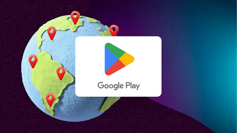 Une carte cadeau Google Play sur une image de globe terrestre illustrant son utilisation dans le monde entier.