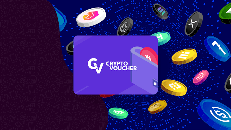 Illustratie van cryptocurrencies op de achtergrond. In het midden op de voorgrond is een Crypto Voucher-kaart te zien.