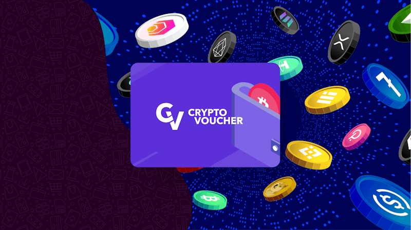 Illustratie van cryptocurrencies op de achtergrond. In het midden op de voorgrond is een Crypto Voucher-kaart te zien.