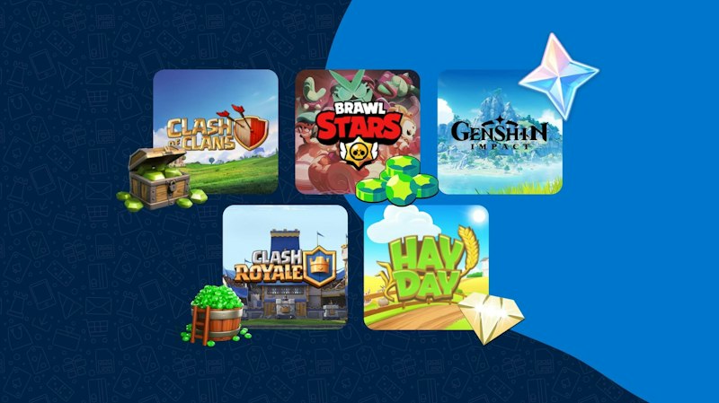 5 Handyspiele und deren Logos sowie Premiumwährung sind zu sehen. Von links oben nach rechts unten: Clash of Clans, Brawl Stars, Genshin Impact, Clash Royale und Hay Day.