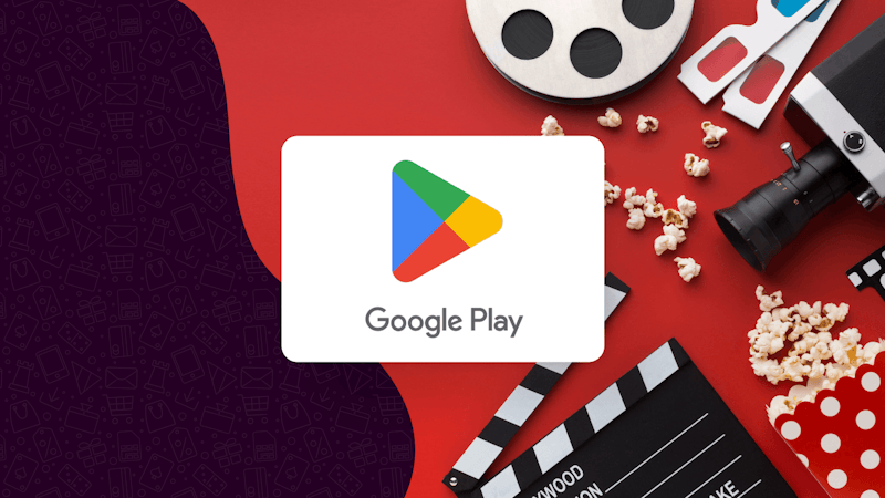Carte cadeau Google Play avec en arrière-plan des objets sur le thème du cinéma, y compris du pop-corn et une caméra.
