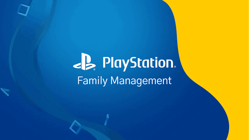 Een blauwe achtergrond met een gele strook aan de rechterkant. In het midden zie je het logo van Playstation