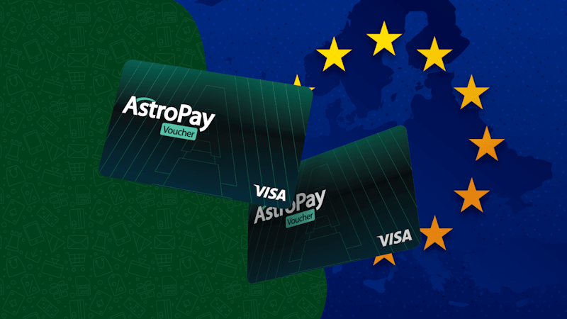 Deux cartes AstroPay flottent au premier plan et à l'arrière-plan se trouve les étoiles du drapeau européen sur fond de carte de l'Europe.