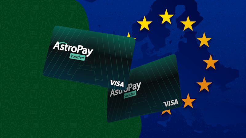 Deux cartes AstroPay flottent au premier plan et à l'arrière-plan se trouve les étoiles du drapeau européen sur fond de carte de l'Europe.