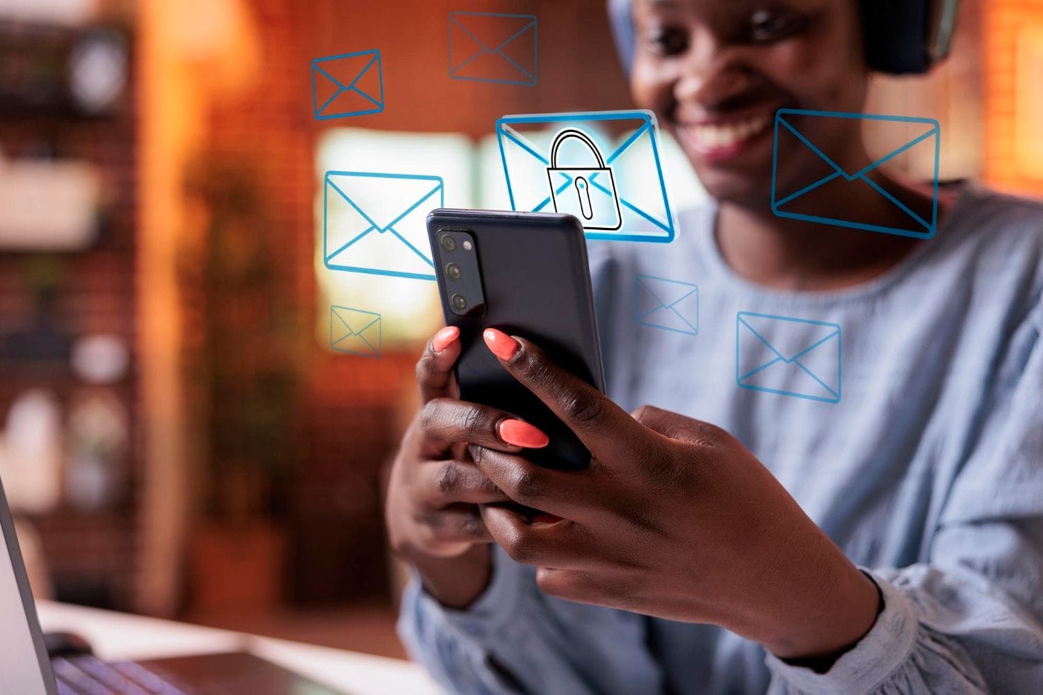 Een vrouw met telefoon in haar handen en vlioegende blauwe envelopjes die staan voor online security