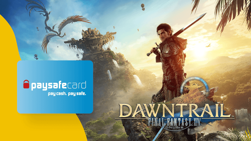 A big paysfecard with a yellow background next to the official image of the Final Fantasy 14 Dawntrail Edition