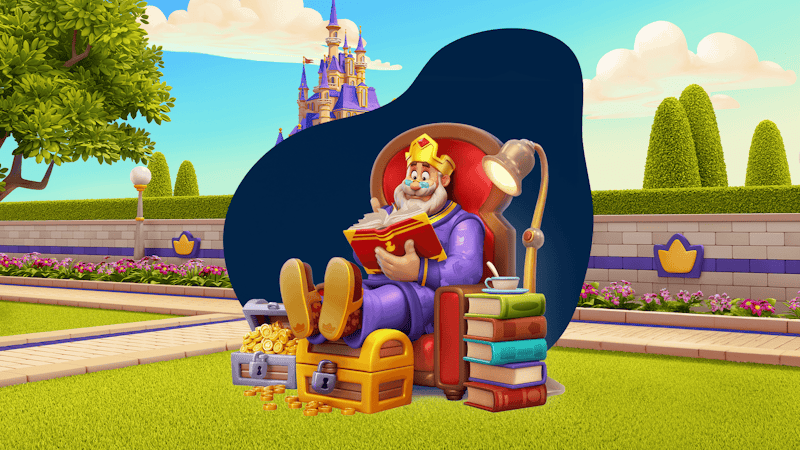 Een koning van Royal Match zit op zijn troon en leest een boek. Er is een tuin en een kasteel op de achtergrond