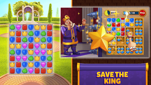 Screenshots aus dem Handyspiel Match Royal, die das Gameplay, den König in lila Kleidung und einen Stern zeigen.