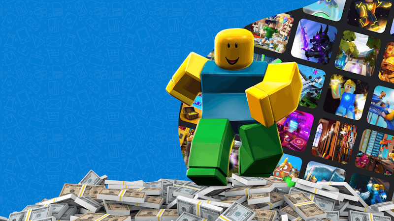 Roblox character climbing over mountain of Robux.