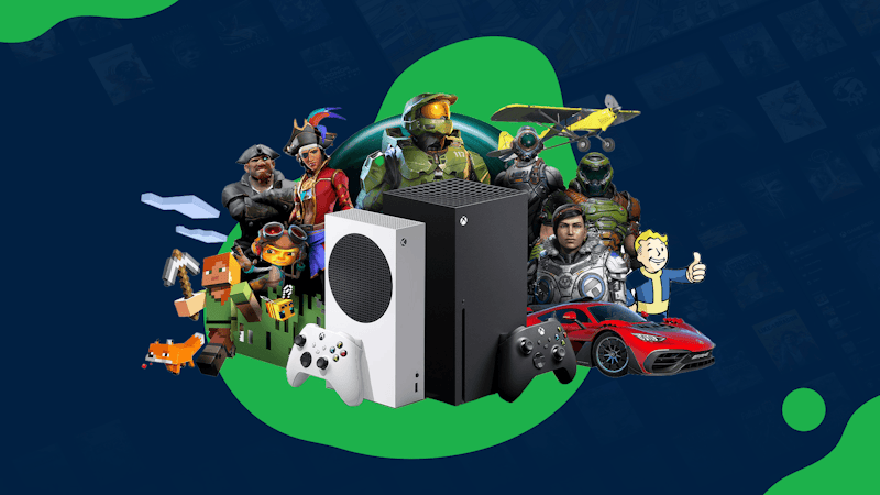 Xbox Series X- en Series S-consoles met verschillende spelfiguren eromheen.