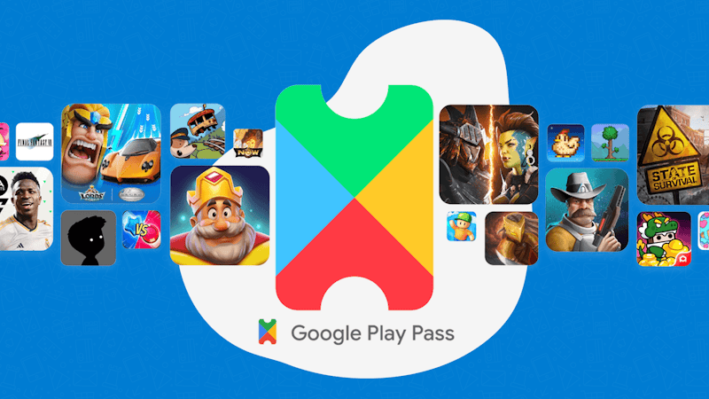 Das Google Play Pass-Logo umrundet von diversen beliebten Handyspiel-Apps.