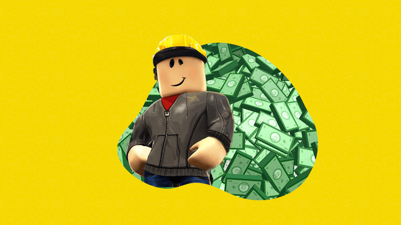 A character from Roblox next to Robux on a yellow screen