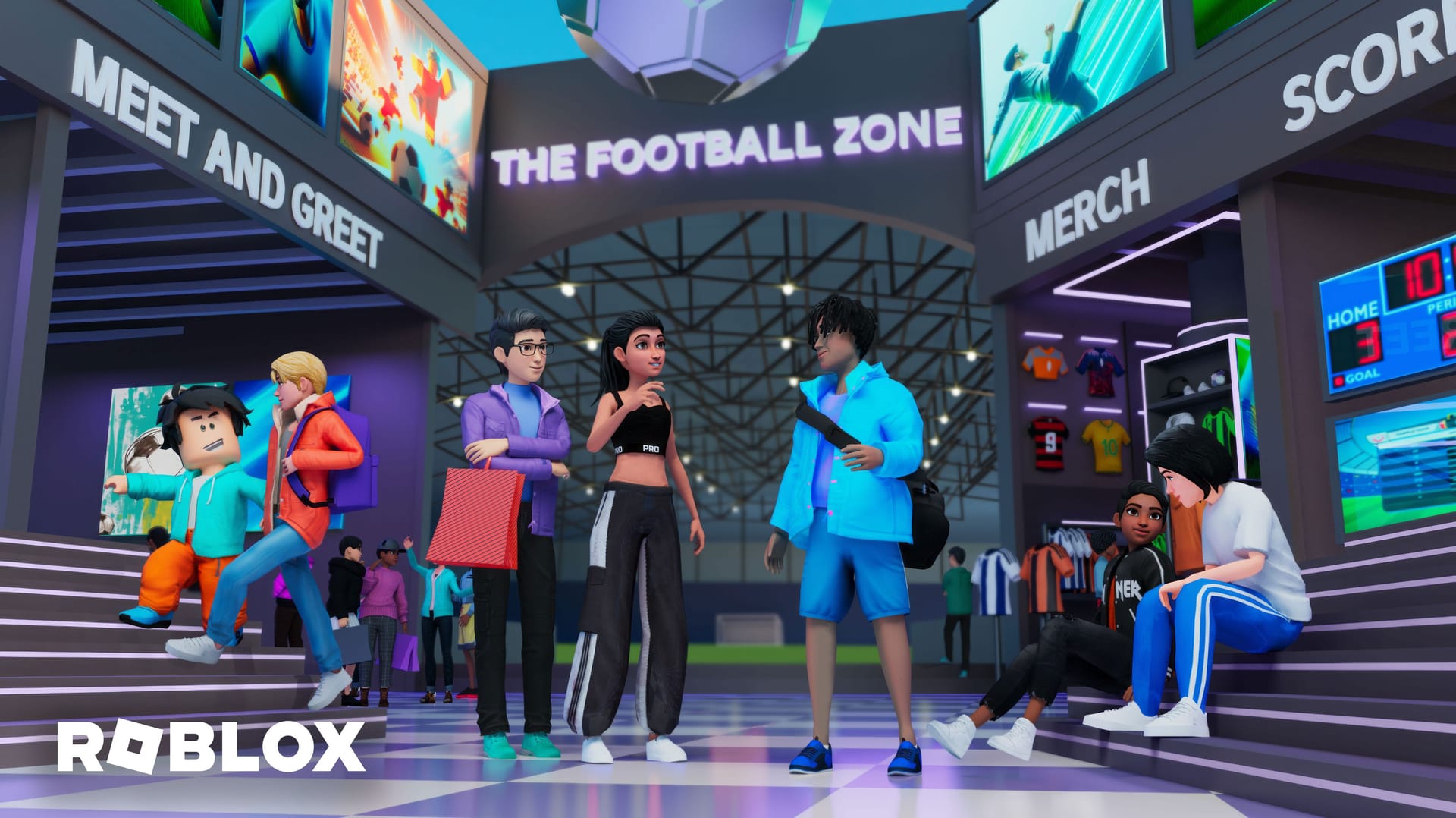 A screen from Roblox showing a shopping mall and a few characters from the game.